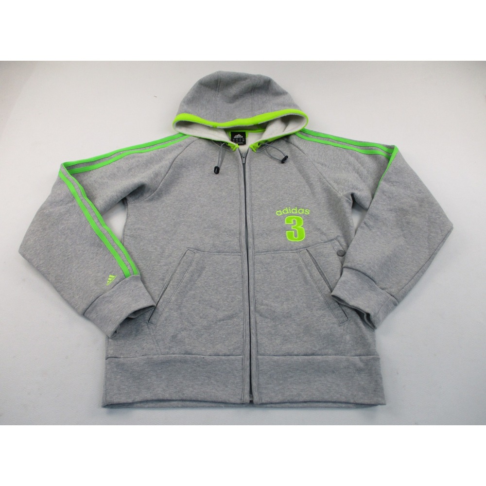 Adidas Zip Hoodie Mens Small Gray Neon Green 3 Stripe Fleece Raglan Sporty